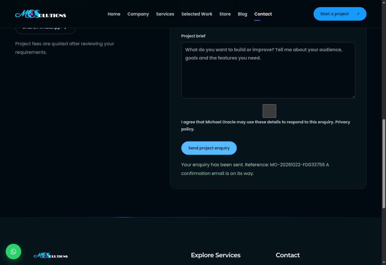Implementation capture of Michael Oracle’s project enquiry form