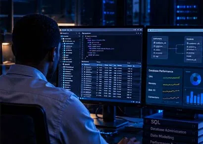 Development workspace with code on multiple screens